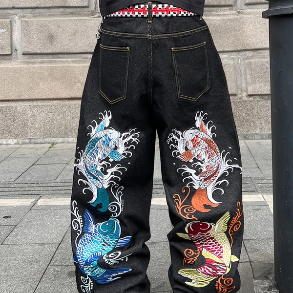 Heavy Koi Embroidery Baggy Jeans, American High Street Loose Pants, Belt Not Included, Additions Not Included