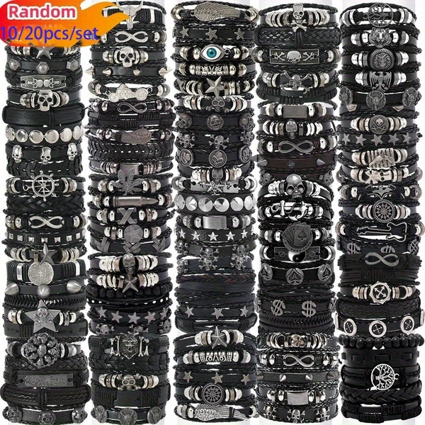 10/20 Trendy Hip-Hop Style Faux Leather Bracelet with Skull, Cross, Star, and Infinity Symbol Design, Retro Black Creative Metal Dot Accessory, Gift for Thanksgiving, Father's Day, Graduation, Fashion Jewelry, Statement Piece, Party Accessory, Cross