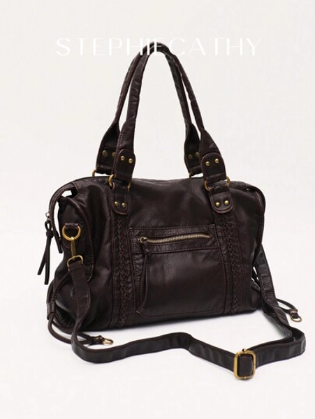 STEPHIECATHY Retro Casual Cool Street Style Soft Brush Off Washed PU Vegan Leather Zipper Closure Zip Pockets Braid Decor Large Capacity Fits 13' Laptop Tote Adjustable Long Strap Cross Body Shoulder Bag Women Daily College Commute Travel Versatile, Y2k Bag, Bohemia Style Bag For Women, 2000s Fashion Style Bag For Women, New Fashionable Big Bags For Women, New Arrival Tote Bags For Woman , Gifts For Women