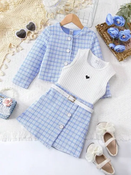 SHEIN Girls Regular Fit Round Neck Plaid Clothing Set