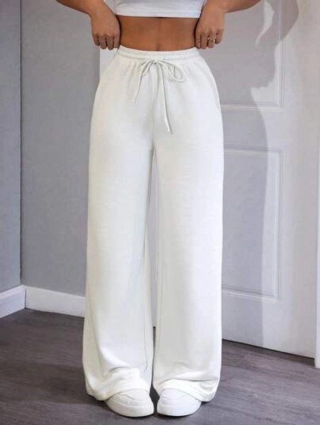 SHEIN PETITE Comfortable And Casual Solid Color Knitted Wide-Leg Women's Sweatpants Wide Leg Sweatpants Comfy Pants White Beach Pants White Sweat Pants Cream Pants,Fall,Fall Clothes For Women
