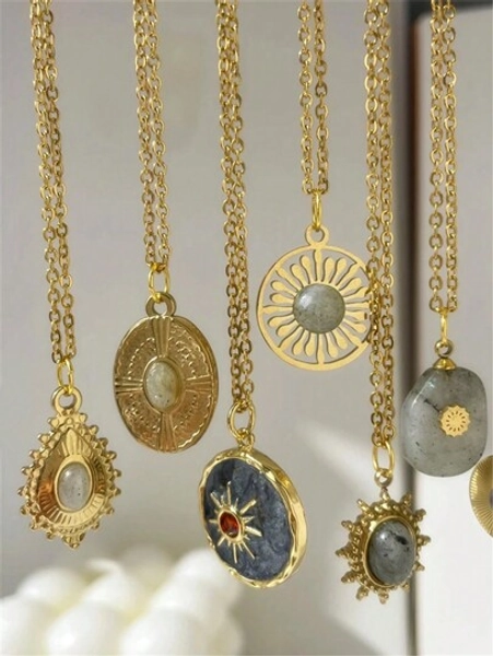 1pc Grey Natural Stone Pendant Necklace Golden Sun Charm Vintage Stainless Steel Jewelry Gift For Women New