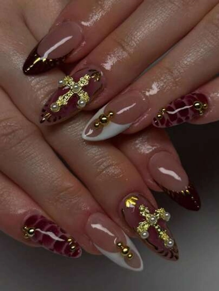 24Pcs Almond 3D Gel Flower Red French Tip Press On Nails Decorated With Crosses And Golden Beads , Fit Perfectly Acrylic False Nail Set,Contain 1Pc Jelly Glue And 1Pc Nail File, Summernails For Women And Girls To Diy Daily Work Study And Party Use Nail Supplies Nails