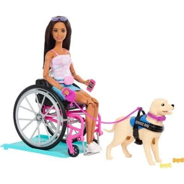 Barbie Brunette Fashion Doll & Service Dog Playset with Wheelchair