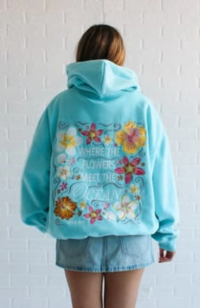 Where the Flowers Meet the Ocean Hoodie (Turquoise) - Medium