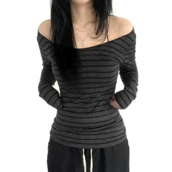 Women's Off Shoulder Slim Striped T-Shirt