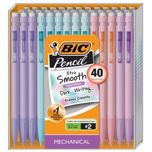 BiC 40pk Xtra Smooth Pastel 0.7mm Mechanical Pencil:Retractable, Pocket Clip, School & Office Supplies, Multicolored