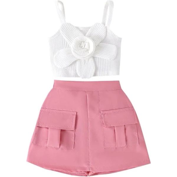 Zwiiyzr 2025 1-5y Toddler Baby Girl Summer Clothes Sleeveless Ribbeded Flower Cami Top Work Skort Set Summer 2pcs Outfits Pink
