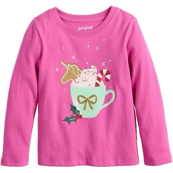 Girls 4-12 Jumping Beans Core Long Sleeve Holiday Graphic Tee, Kids Unisex, Size: 5, Pink Unicorn Cocoa