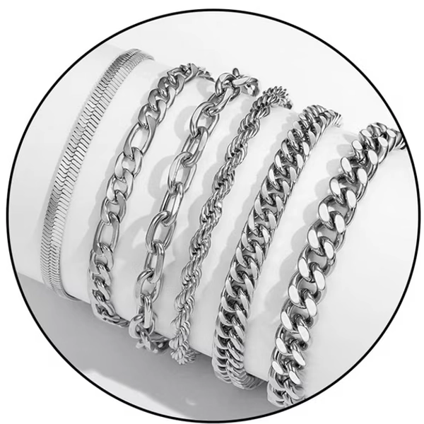 APSVO 6 Pcs Silver Bracelets for Men Boys Women Stainless Steel Cuban Rope Paperclip Figaro Chain Bracelets Set Birthday Christmas Jewelry Gifts Teen Dad Stocking Stuffers Kids 6.5/7/7.5/8.3/9 Inch