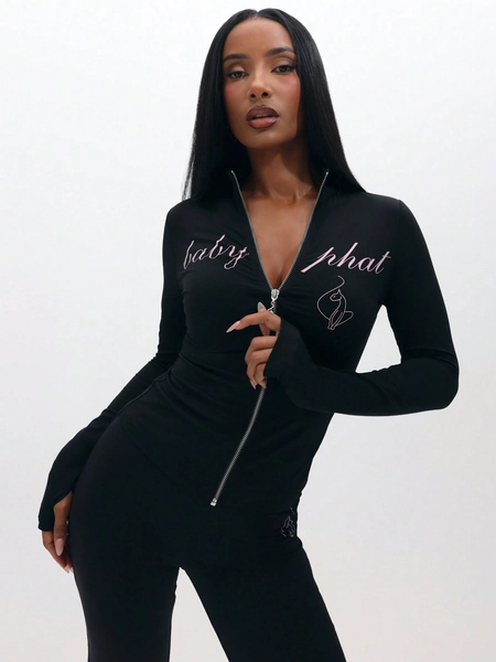BABYPHAT Long Sleeve Zip Up Hoodie With Script Print And Logo Detail For Casual Everyday Wear