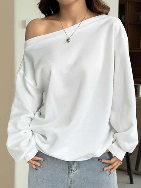SHEIN EZwear Autumn/Winter Loose Fit Oblique Shoulder Thermal Lined Women Sweatshirt, White