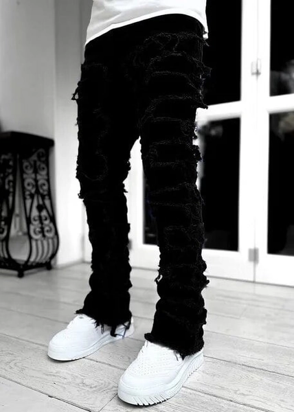 Men‘s Regular Fit Stacked Jeans Ripped Slim Fit Patch Distressed Destroyed Straight Denim Pants Hip Hop Streetwear Trouser Cloth