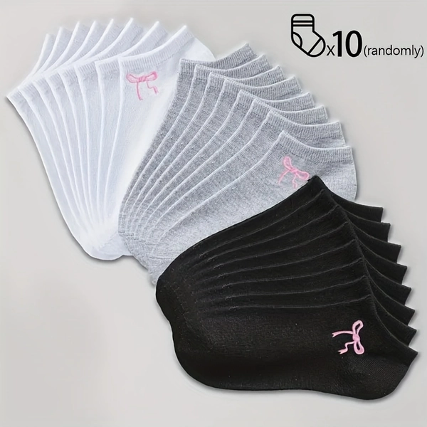 Random Color 10 Pairs Black White Gray with Pink Bow Pattern Suitable for Girls' School Outdoor Soft Comfortable Breathable for All Seasons