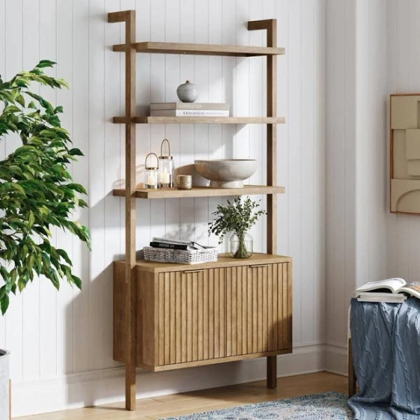 Nathan James Jasper 3-Shelf Solid Wood Boho Bookshelf with Fluted Cabinet Doors