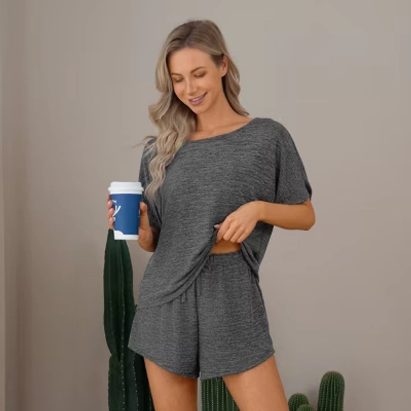 Women's Cozy Tee & Shorts Pajama Set - Cupshe-S-Dark Gray