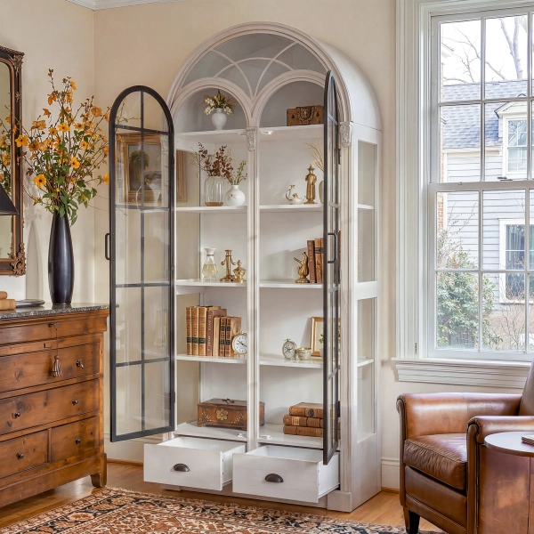 80.7” Tall Arched Curio Cabinet with Tempered Glass Doors, Vintage Iron Display Bookcase Bathroom Cabinet