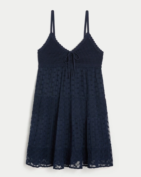 Crochet-Style Babydoll Mini Dress