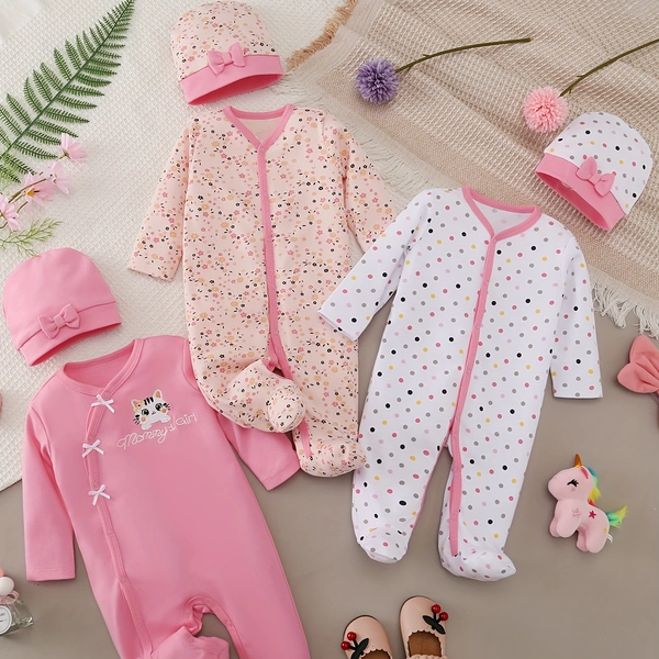 Conjunto de 6 piezas para bebé niña: Mameluco completo, cómodo y suave con patrón de dibujos animados y estampado, con pies y largo para escalar, incluye gorro, ideal para exteriores.