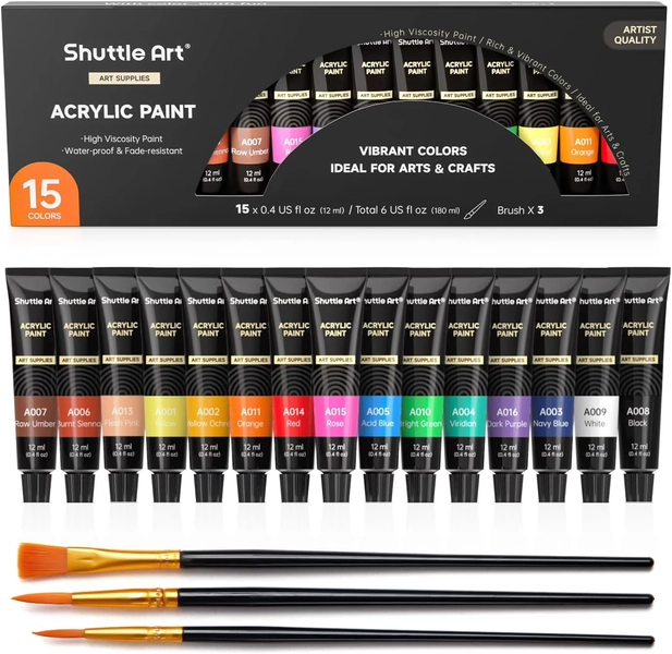 Acrylic Paint Set, Shuttle Art 15 x 12ml Tubes Non Toxic Rich Pigments Colors Perfect for Kids Adults Beginners Artists Painting on Canvas Wood Clay Fabric Ceramic Crafts