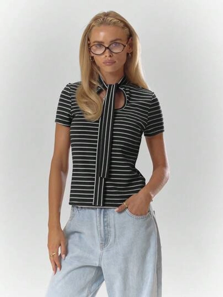 MUSERA Striped Neck Tie Detail Fitted Short Sleeve Top Fall Autumn Cosy Cute Casual Coffee Club Winter Christmas  Festive, Holidays, Party