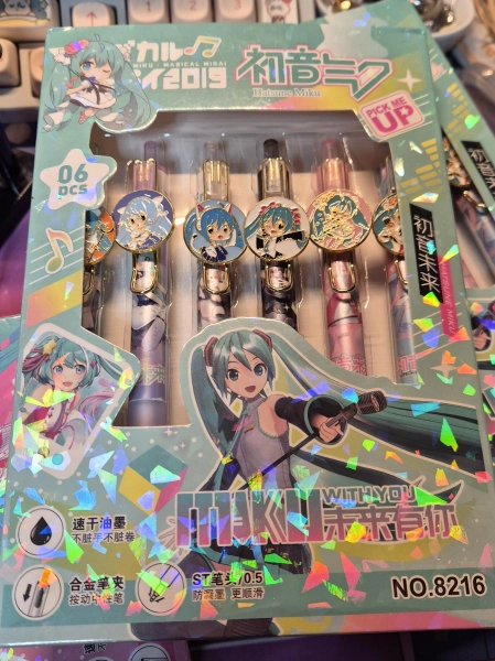 Kawaii Anime Black Ink Pens, Hatsune Miku Pen Set: 6