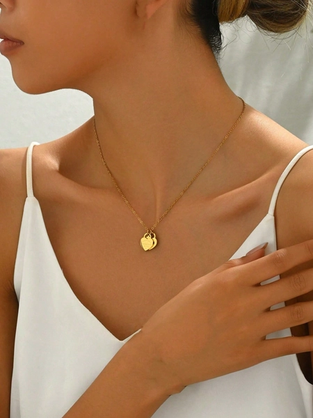 1pc Fashionable Gold Double Heart Pendant Necklace, Suitable For Daily Wear, Great Gift For Valentine's Day Or Friends