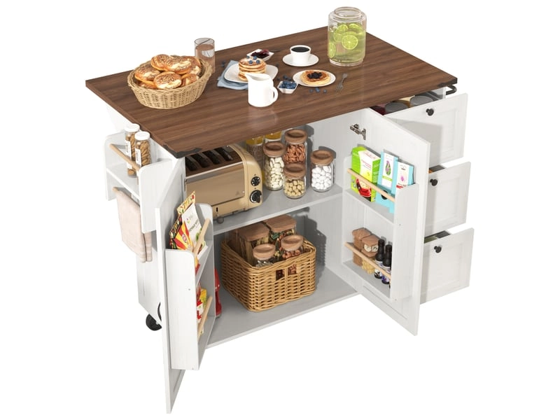 Îlot de cuisine moderne avec rangement - desserte extensible avec plan de travail coulissant, 2 portes et 3 tiroirs en mdf et métal, 140 × 73 × 92,5 cm, blanc