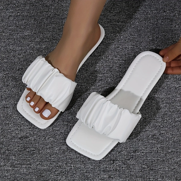 French-Style Flat Fashion Versatile Open-Toe Beach Sandals for Women, New Summer Single-Strap Pleated Comfortable Slides, Women Shoes