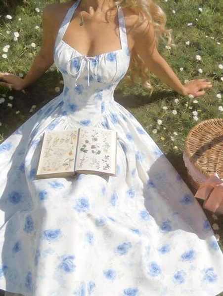 SHEIN MOD Apricot And Blue Floral Print Halter Neck Long Dress With Bust Ruching – Romantic Vintage Floral Dress For Date, Party, Prom, Festival, And Birthday Wear, Valentine Outfits For Women Blue And White Dresses Baby Blue Dresses Tea Party Outfit Women Whimsical Clothes