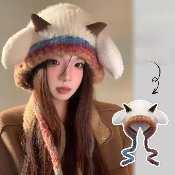 ' Cute Fluffy Sheep Ears Beanie Hat - Soft Stretchy Winter Warm Pullover with Ear Protection, Lightweight Cozy Cap for Christmas & New Year'S Outfits, Spring/Fall Casual Wear, Easy-Care (Hand Wash/Dry Clean) - Unisex Cold Weather Accessory, Head Covering For Women, Turban Headwear Women, Head Wrap For Women, Turban For Women, Beanie For Women, Women Turban Hat, Women' Hat