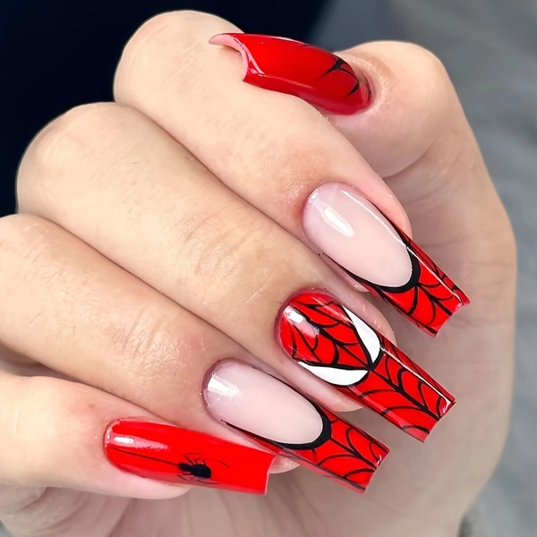 24pcs Hermosas Hojas de Uñas Postizas Largas en Forma de Tubo de Agua con Patrones de Telaraña, Araña y Otros, Diseño Brillante, Adecuadas para Uso Diario, Incluye Pegamento en Gel y Raspador