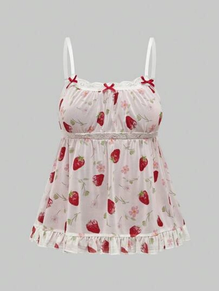 ROMWE Kawaii Women Strawberry Print Contrast Lace Vacation Style Spring/Summer Babydoll Cami Top, School