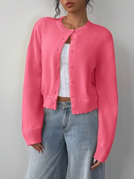 SHEIN BASICS Solid Color Crew Neck Long Sleeve Loose Cropped Cardigan Sweater For Women Fall Clothes For Women,Tops For School