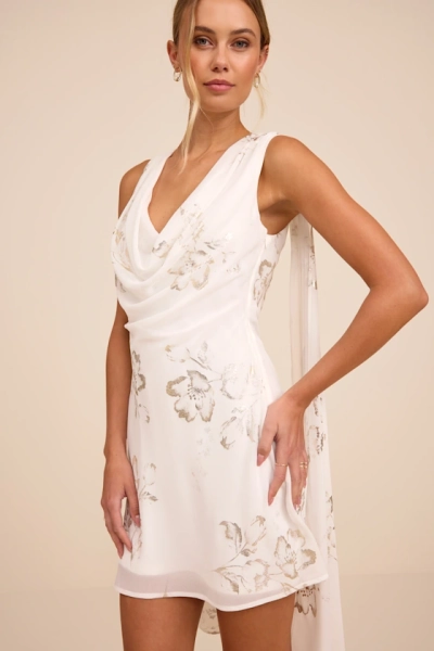 Sidonia White and Gold Floral Cowl Sash Mini Dress