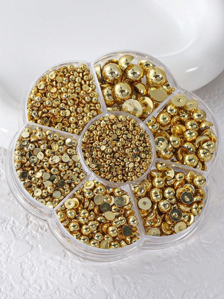 2000Pcs/Box Golden Faux Pearl Nail Art Decoration Meihua Shaped Half Round Faux Pearl Accessories Nail Diy Jewelry Different Sizes Nail Charms Nail Gems Nail Supplies Nails