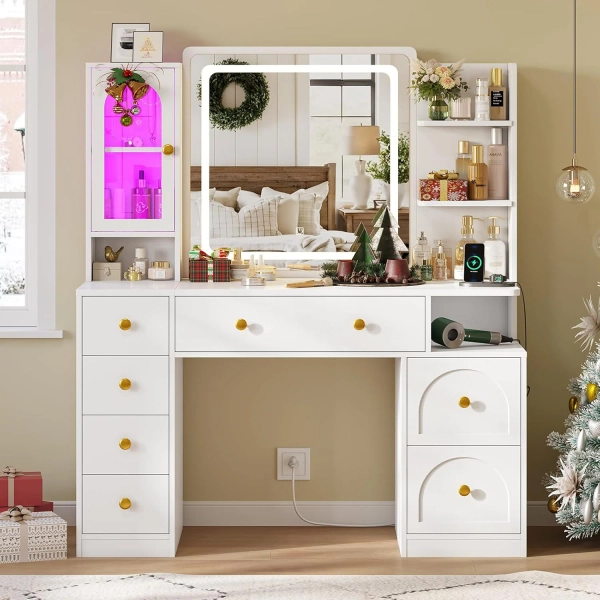 Brayden Studio® White Vanity Desk With Mirror And Led Lights, Large Makeup Vanity Desk With 7 Drawers, Storage Shelves And Rgb Glass Cabinet, Dressing Table For Bedroom With Charging Station, Lights Adjustable & Reviews | Wayfair