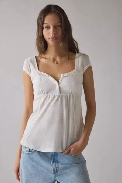BDG Sawyer Lace Trim Short Sleeve Babydoll Top