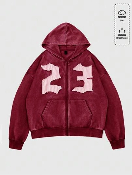 ROMWE MEN Street Life Men Distressed Vintage Numeral Embroidered Zip-Up Hoodie, Streetwear, Fall