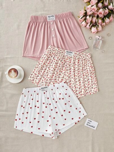 CottageSlumber 3pcs Print Leisure Sleep Shorts Set For Women  Cozy And Elegant Details