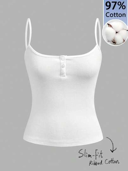 Tseoso 97% Cotton Women's White Ribbed Camisole Tank Top,Basics Everyday Summer Top For Sports & Yoga,Soft Clean Girl Retro Streetwear Rave,Gym,Daily Wear - Size S