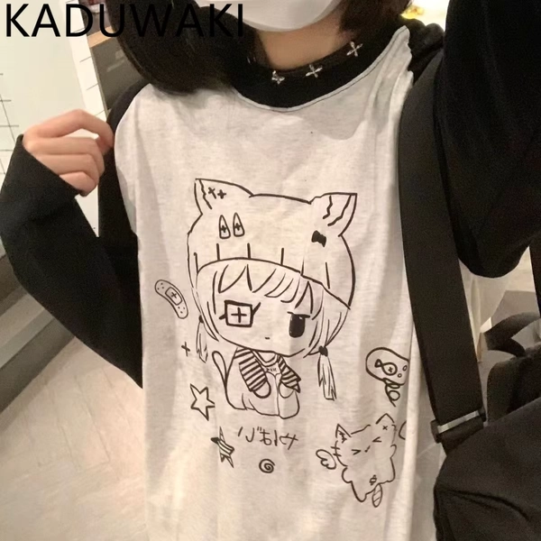 Japanese Gothic Lolita T-shirts Women Sweet Cartoon Cat Print Harajuku Long Sleeve Tops Y2k Aesthetic Girls Kawaii Fairy Tees - AliExpress 200000345