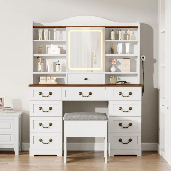 Makeup Vanity Desk with Mirror, Lights and Chair - Vanity Table with 10 Drawers, 8 Shelves, Adjustable Lighting and Power Outlet for Bedroom or Powder Room