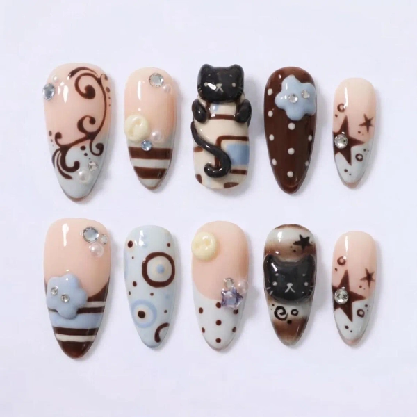 3D Kawaii Black Cat Press On Nails, Baby Blue Chocolate Brown Gel Acrylic Set