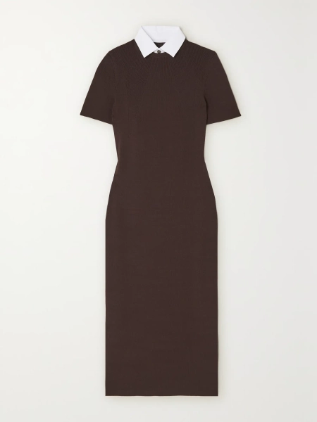 Convertible poplin-trimmed ribbed-knit midi dress - brown - xx small