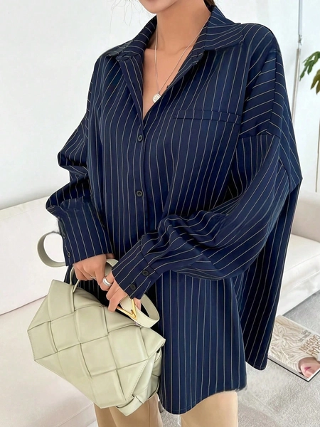 Blue & White Stripe Front Button Pocket Long Sleeve Shirt, Autumn
