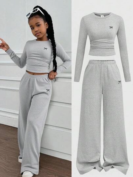 SHEIN Tween Girls Versatile Butterfly Pattern Long Sleeve Top And Pants 2 Pieces Set, Light Grey Teen Two Piece Long Sleeve Set Teen Pants Set 2 Piece Sets Woman Girls Two Piece Outfit Long Sleeve Crop Top And Pants Set/Halloween,Fall,Winter,Autumn,Christmas,Y2k,Summer,Pink Set Outfit For Women Girld Outfit Set Full Outfit Set Clothes Set Grey Girl S Outfit