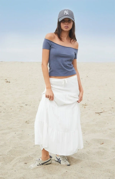 Dark Blue Bonnie Off-The-Shoulder Crop Top