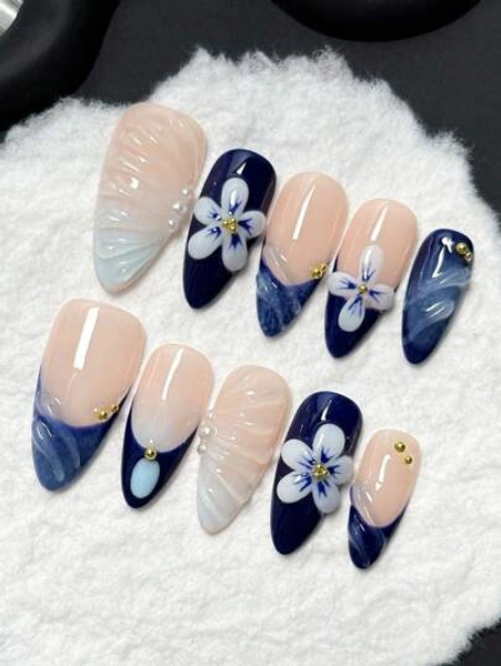 10pcs/Set Handmade Acrylic Press On Nails Mid-Length Almond Nails,French Nails, Blue Nails, Three-Dimensional Hand-Dripped Resin Flowers, Three-Dimensional Stripes, Three-Dimensional Carving Nails, Gradient Nails.Nail Supplies ,Fake Nails,Detachable Fake Nails, Nail Supplies Nail Art,Suitable For Party, Dance, Daily Wear, Student Party, Cosplay, Press-On And Reusable, With Jelly Glue And Nail File DIY Nail Supplies