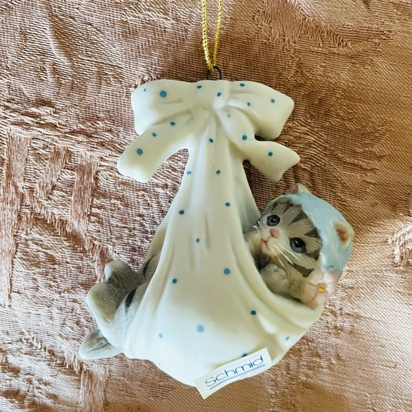 Vintage Baby Kitten Cat Schmid Kitty Cucumber Bisque Christmas Ornament 1980s